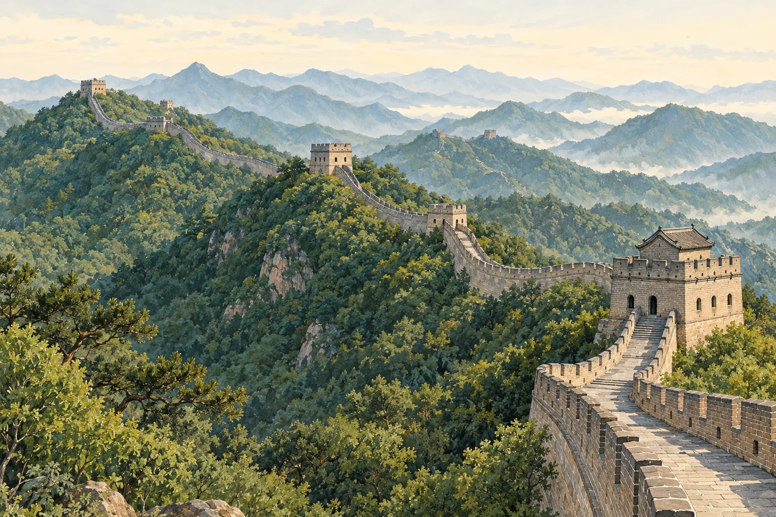 illustration of Great Wall stone ramparts and watchtowers winding along forested ridges