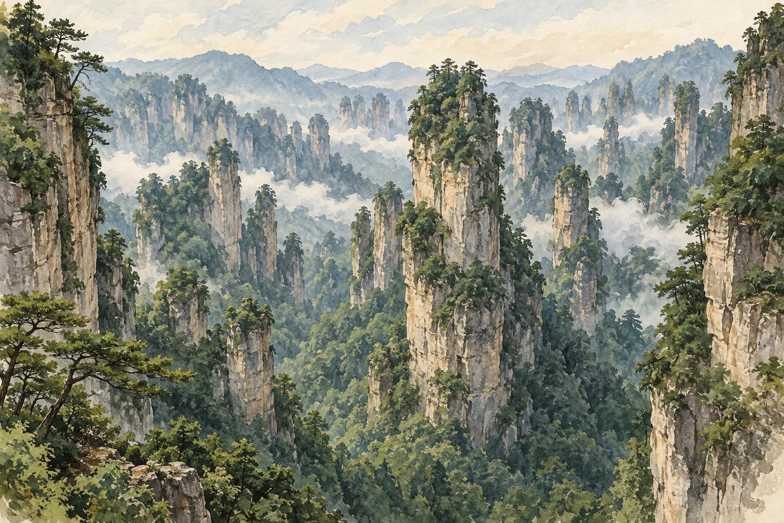 illustration of forested, narrow sandstone pillars rising from mist